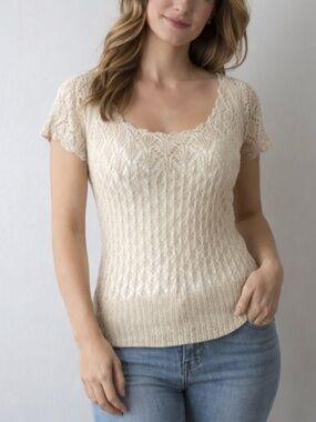 Pandemonium Crochet Knit Top M Oatmeal Linen Metallic Sheer Boho Short Sleeve